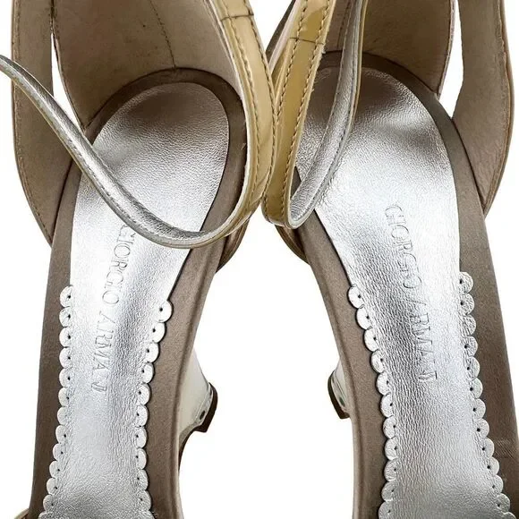 New Giorgio Armani Women US 8.5 Beige Patent Leather Wedge Sandals$875